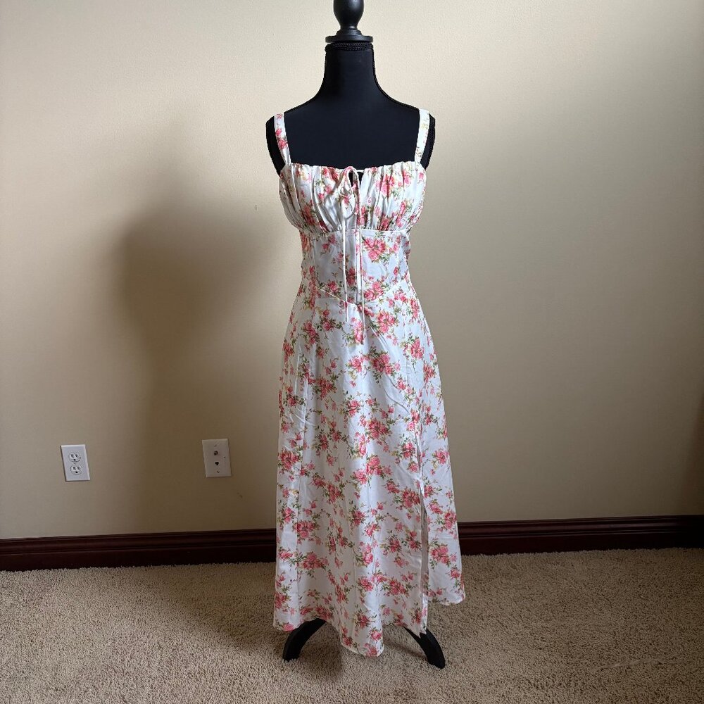 Floral Midi Corset Dress Flowy Lace Up Sundress